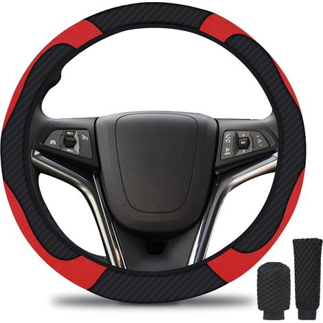 Couvre Volant Voiture Cuir Microfibre, Noir Rouge, Respirant PU avec Couvercle Frein Main & Changement Vitesse, Antidérapante Universelle (37-39cm)