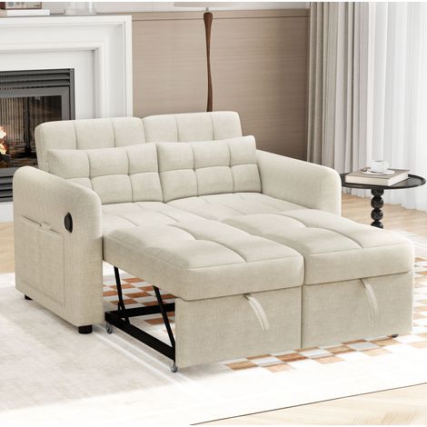 Schlafsofa 142x85x83 cm Beige Baumwoll-Leinen 3-in-1 mit verstellbarer Rückenlehne, USB und Seitentaschen (1/5)