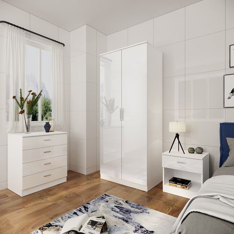 ELEGANT White Wardrobe for Bedroom Furniture High Gloss Soft Close 3 Piece Include 2 Doors Wardrobe + 4 Drawer Chest of Drawers + Beside Cabinet (1/5)
