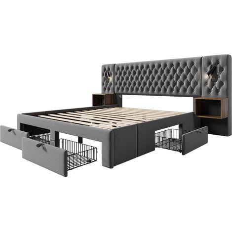 Cama doble 160x200 cm con 2 mesillas, 4 cajones y LED gris terciopelo HOMVRA (1/5)