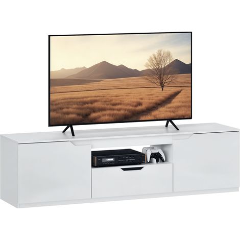 Meuble TV bas, finition laquée brillante, pour téléviseurs jusqu'à 65 pouces, 3 compartiments, tiroir, 160 x 38 x 43 cm, blanc