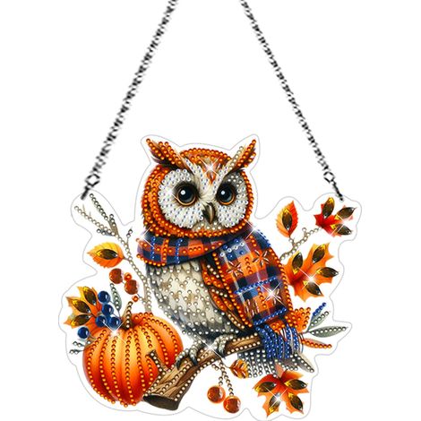 Peinture diamant pour fenêtre - Hibou - Citrouille - Décoration d'automne - Carillon éolien - Kit de peinture diamant - Pendentif - Décoration de fenêtre - Couronne de porte (1/5)