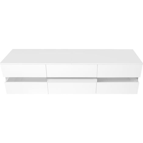 Mobile TV bianco lucido 160x39x45 cm con LED, 2 ante, cassetto e vano aperto (1/5)