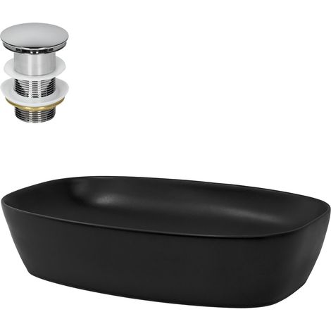 ML-Design Lavabo Rectangular Ovalado 605x385x140 mm Negro de Cerámica Mate Fregadero para Pared o Sobre Encimera con Juego de Desagüe Cromado Lavamanos Moderno Aseo para Baño con Agujero para Grifo