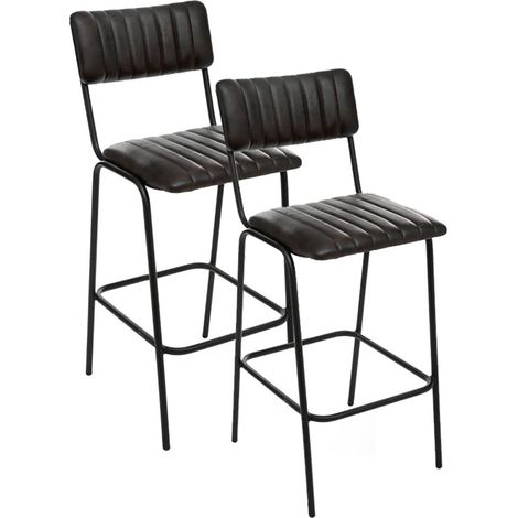 Lot de 2 chaises de bar en cuir de buffle avec pieds en métal, coloris noir - Longueur 45 x Profondeur 53 x Hauteur 103 cm (1/5)