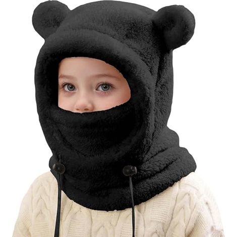Cagoule Enfant Hiver - 3-10 Ans Laine Fine Épaisse Ajustable - Pour Ski, Moto et Protection Oreilles - Noir (1/4)