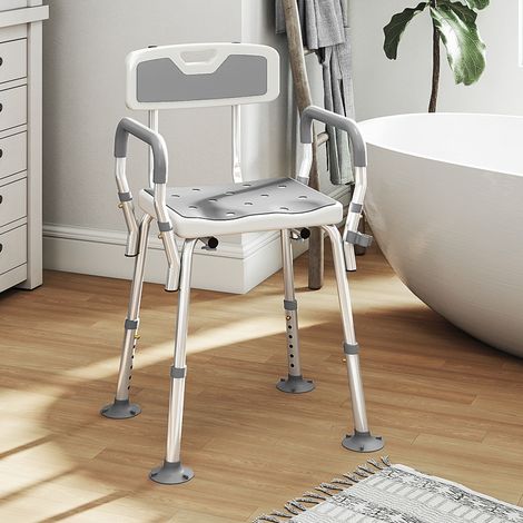 Tabouret de douche ergonomique, réglable en hauteur, pieds antidérapants, 56,5 x 53,5 x 87 cm, blanc et gris
