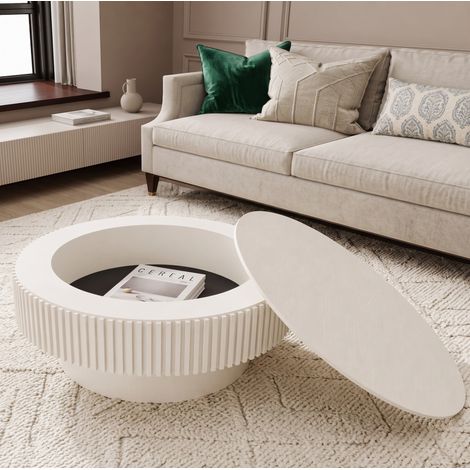 Table basse ronde avec rangement caché 75 x 35 cm en bois et MDF blanc crème REDOM (1/5)