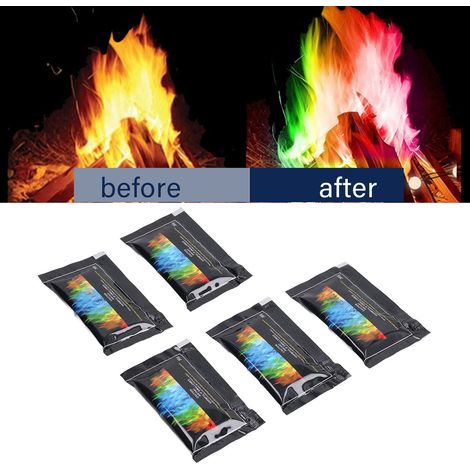 5 sachets/1 Poudre Colorée Flamme pour Barbecue, Camping, Feu de Camp, Fêtes Scintillantes, Poudre Changeante de Couleur pour Chauffage de Camping, 30 g (1/5)