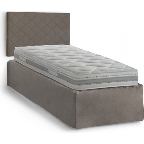 Dmora - Letto singolo Dbertol, Set testata in ecopelle con rete ortopedica e mantovana, 100% Made in Italy, adatta a letto Singolo, materasso incluso, Cm 80x190, Tortora