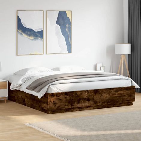 Bettgestell mit LED Räuchereiche 200x200 cm Holzwerkstoff (1/5)