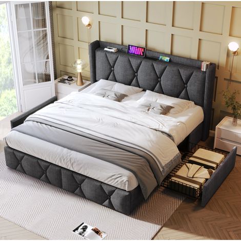 lit adulte double rangement charge 160x200 lin gris OKMYHOME (1/5)