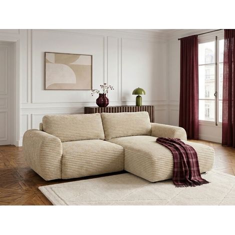 BOBOCHIC - Canapé d'angle compact convertible coffre LUCIEN gros côtelé doux Angle droit  Beige (1/5)
