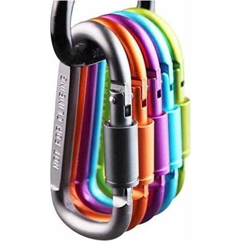 Lot de 6 mousquetons à anneau en D verrouillable en aluminium pour camping, voyage, pêche, randonnée. (1/4)