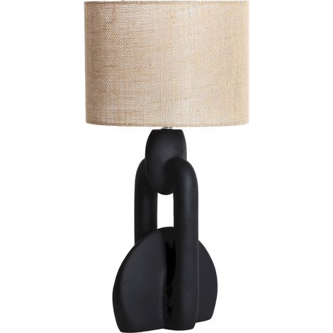 Lampe de table contemporaine en résine noire et abat jour en raphia beige - Noir résine et raphia beige (1/5)