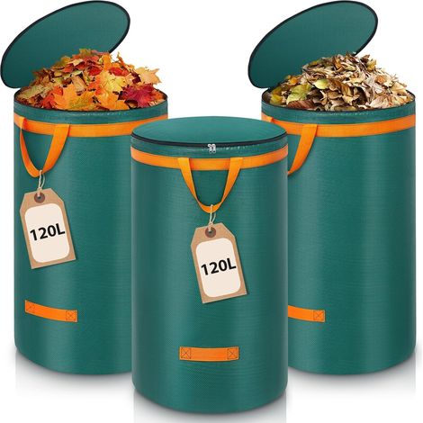 Lot de 3 sacs à déchets de jardin solides de 120 l Avec couvercle et poignées Grand sac déchets Sacs autoportants Sacs déchets verts (1/5)
