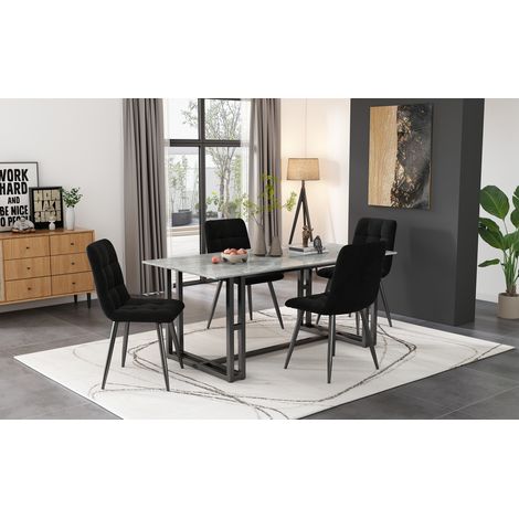 Chaise de Salle à Manger (Lot de 4), Noire, Ensemble de 4 Fauteuils Design avec Dossier, Assise en Velours, Piètement en Métal (1/5)