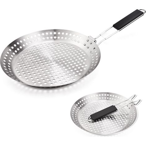Plat à barbecue rond en acier inoxydable avec poignée pliable, adapté aux grillades en plein air, à la cuisson et au camping. (1/4)