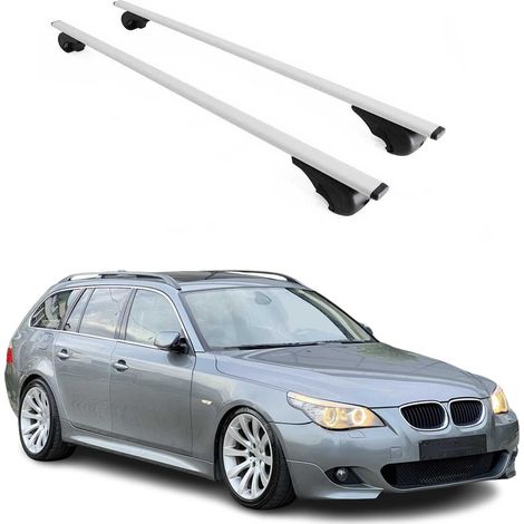 OMAC Barres de toit pour BMW Série 5 E61 Break 2004-2010 / M5 E61 Break 2007-2010 – TÜV / DIN 75302:2019 – Antivol inclus – Charge max 75 kg – 2 barres Argent (1/4)
