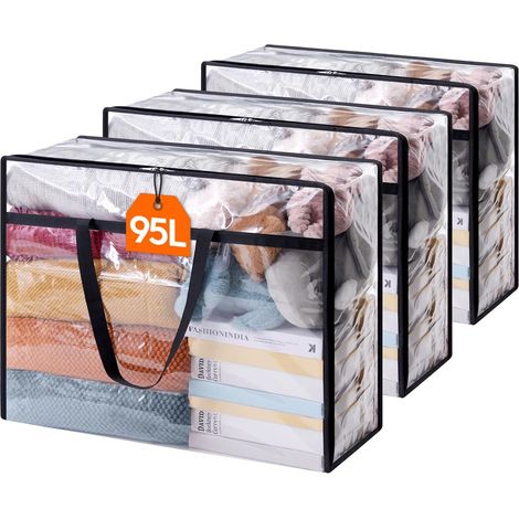 Sac de Rangement Transparent, Sac Rangement Vetement en PVC, Housse de Couette Pliable avec Poignées, Boite rangement, 95 L, Lot de 3 (1/5)