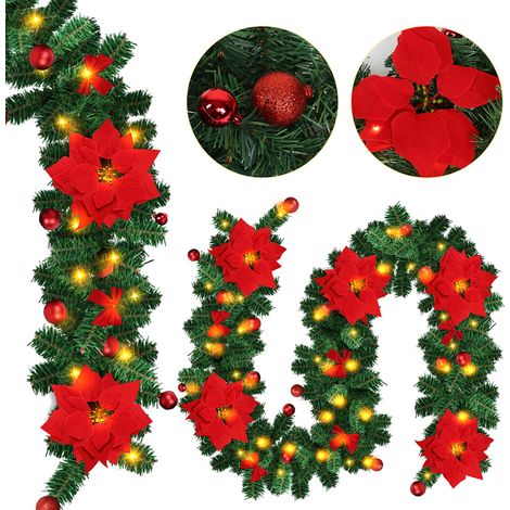 Jiubiaz Ghirlanda natalizia artificiale, 2.7 m, 50 LED bianco caldo, con palline, fiocchi di neve e nastri, a batterie - Decorazione natalizia flessibile p... (1/5)