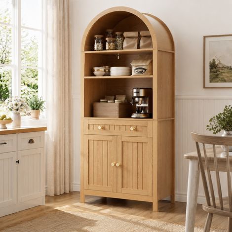 Hoher Aufbewahrungsschrank 76x40x180 cm mit Regalen, Schublade und 2 Türen, Natur HAVRYA (1/5)