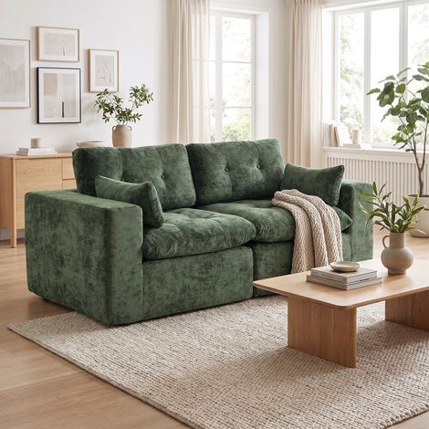 Modulares 2-Sitzer-Sofa – Grüner Chenille-Stoff – Tiefe Sitzfläche mit Wolken-Effekt – Taschenfederkern – Keine Montage erforderlich (1/5)