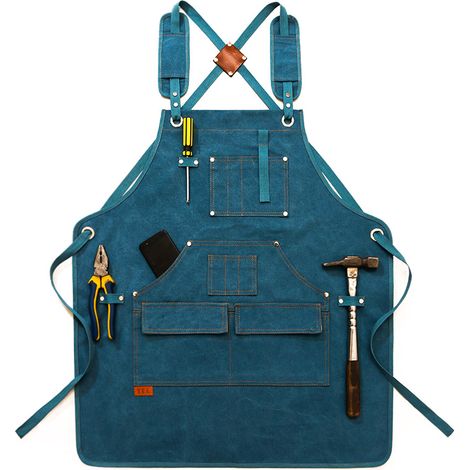 Tablier de travail en toile cirée robuste avec 9 poches, tabliers à sangle réglable, bleu (1/5)