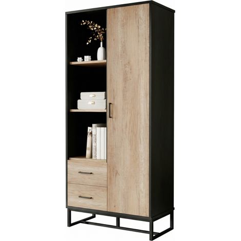 Armoire haute de rangement 80x40x180 cm, 1 porte, 2 tiroirs et 3 niches, effet bois et noir, meuble gain de place pour salon, bureau ou entrée – CHICFURN (1/5)