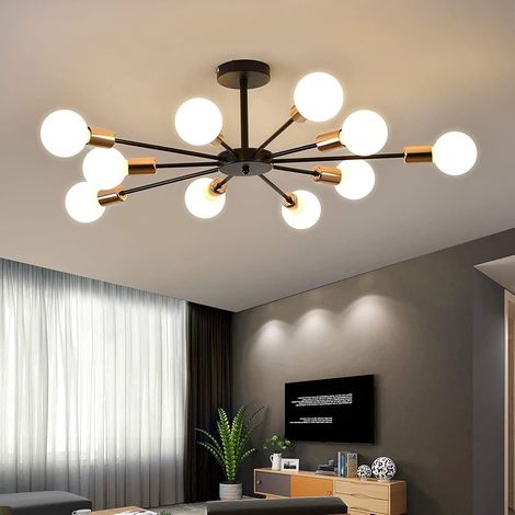 Plafonnier Industriel 10 Lumières - Suspension Métal Noir - Design Étoile Spoutnik - Pour Salon Cuisine Chambre - Diamètre 75 cm (1/5)