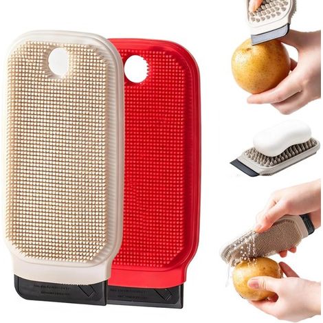 Set di 2 spazzole per verdure, spazzola da cucina, spazzola multifunzionale per la pulizia, spazzola in silicone, appendibile, lava e raschia in un'unica soluzione in cucina. (1/5)