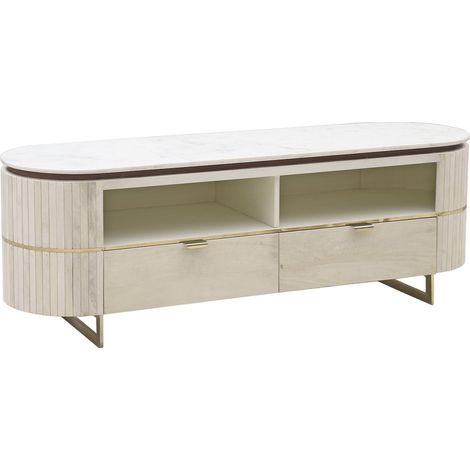 Meuble TV design arrondi en bois de manguier et marbre naturel - Bois clair et marbre blanc (1/3)