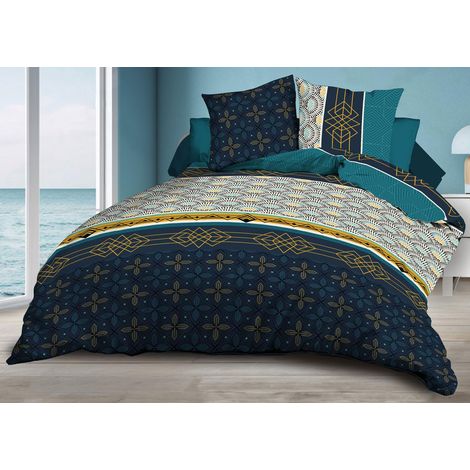 Housse de Couette 240x260 + 2 taies - Microfibre Douce et résistante - Entretien Facile - Biarritz, Bleu (1/5)