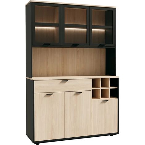 Vaisselier portes vitrées et tiroir décor bois clair et éclairage LED - KEMA