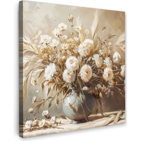 TABLEAU SUR TOILE Fleurs - Vase - Nature morte - Beige Décoration Salon 50x50 cm