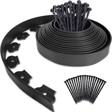 Kit de bordure paysagère sans creusage de 10 m (hauteur 2 pouces) — 30 pointes spirales incluses — Bordure de pelouse en plastique noir pour aménagement paysager, jardins et massifs floraux (1/3)