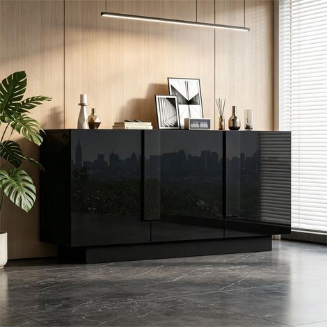 Buffet de salon 35 x 160 x 60 cm, rangement 3 portes brillant noir en aggloméré, 6 étagères, grand espace, facile à nettoyer (1/4)