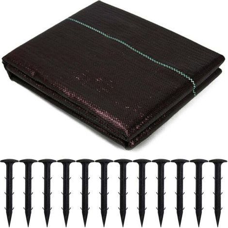pair Tissu de contrôle des mauvaises herbes tissé 13m + 12pcs piquets de sol en plastique 11cm (1/4)