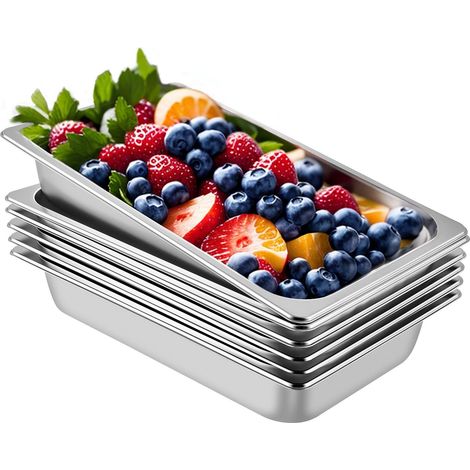 Set aus 6 Edelstahl-Gastro-Schüsseln, 20,9 x 12,8 x 3,9 cm, 13 l Fassungsvermögen, ofenfest, antiblockierend, für heiße Platten. (1/5)
