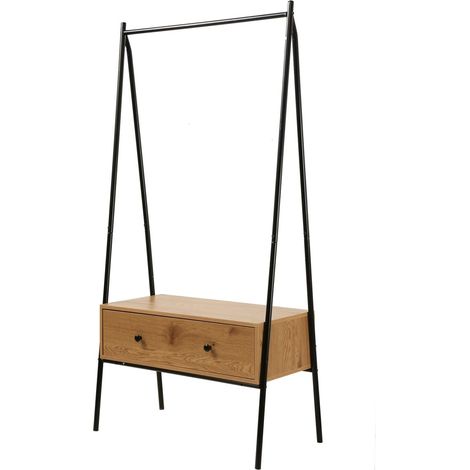 Calicosy – Penderie en métal noir avec 1 tiroir décor chêne – Dimensions L 84 x P 39 x H 170 cm – Structure acier résistante