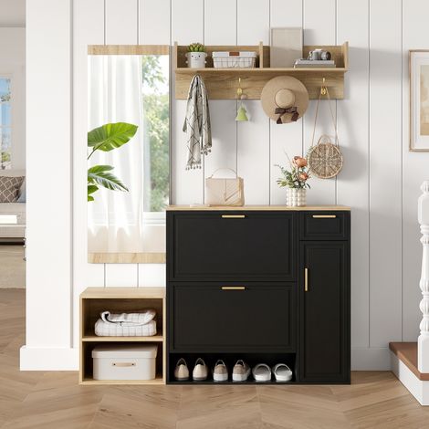 AMXCNOY Cet ensemble de quatre pièces – comprenant un meuble à chaussures, un banc, un porte-manteau mural et un miroir – est un ensemble de meubles complet pour l'entrée et le hall d'entrée, mesurant
