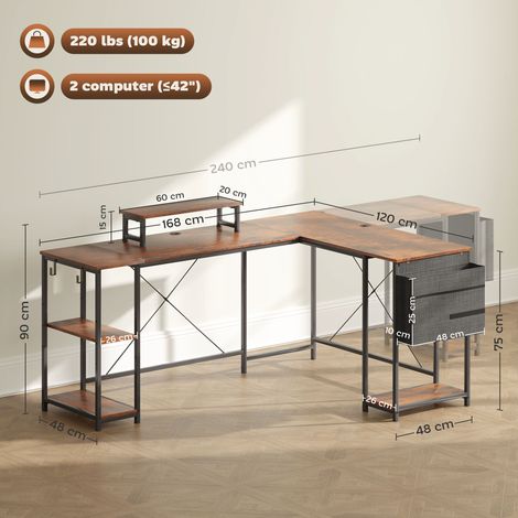 Bureau d'angle en L 168x120 cm avec tiroirs et rangements, sac de stockage inclus, poste de travail réversible pour ordinateur, support moniteur, espace gaming pour domicile ou télétravail, finition c (1/5)