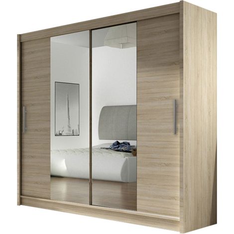 Mobilier1 – Armoire coulissante chêne Sonoma 215x180x58cm – 5 étagères ajustables – Miroir intégré – Pour rangement optimisé