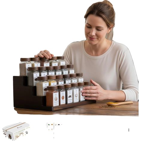 Estante para especias, madera de acacia, frascos de vidrio herméticos, 25 piezas (1/2)