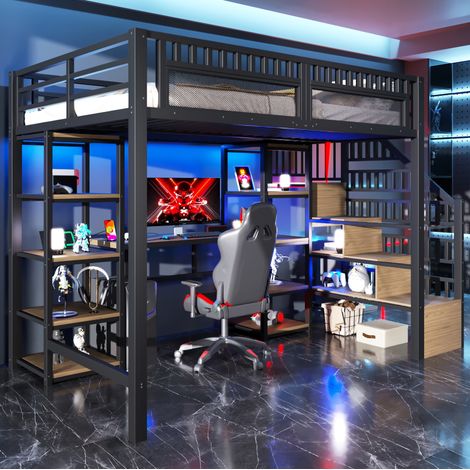 DESVIAE Lit mezzanine 140 x 200 cm avec bureau étagères escalier de rangement bande LED ports USB noir métal et MDF pour chambre enfant adolescent (1/5)