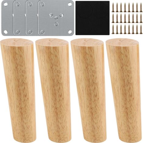 Pieds de Meuble 4 Pièces de Rechange 15cm en Bois - Pieds de Canapé Inclinés avec Plaque de Montage, Vis et Tapis Antidérapant pour Lit, Armoire, Tables et Chaises (Cylindre) (1/5)