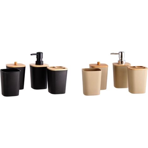 Set 4 Pezzi Accessori Bagno in Plastica e Bamboo 2 Colori