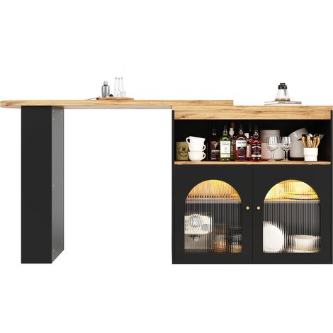 ELVMI Bartisch mit 3-stufigem Stauraum und LED, Drehbar und Ausziehbar, für Esszimmer, MDF, Schwarz, 138-193 x 39 x 105 cm (1/5)