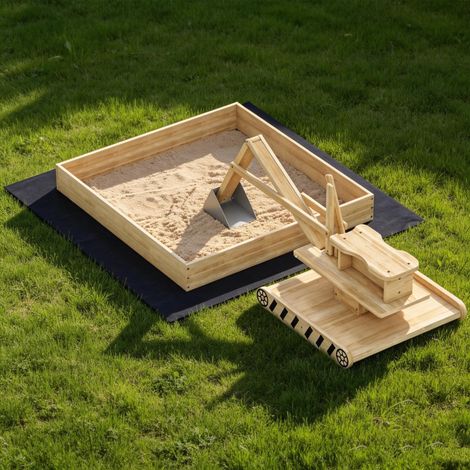 Sandkasten aus Holz mit Bagger, Kindersandkasten mit 360° drehbarem Sitz und Auskleidung, 184 x 90 x 56 cm, Natur