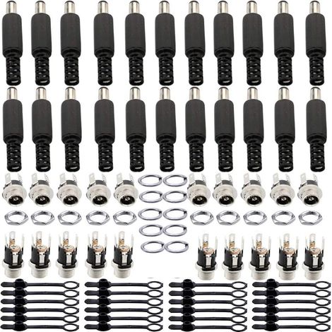 20 conectores macho de alimentación CC de 5,5 mm x 2,1 mm – 20 conectores hembra de alimentación CC roscados – 20 fundas protectoras de goma